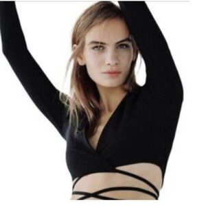 Zara Wrap Cardigan Black Crop With String Tie Waist Stretchy Size Medium